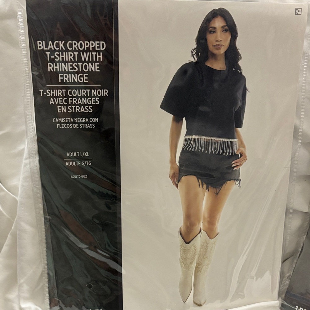 Black Cropped T-Shirt with Rhinestone Fringe